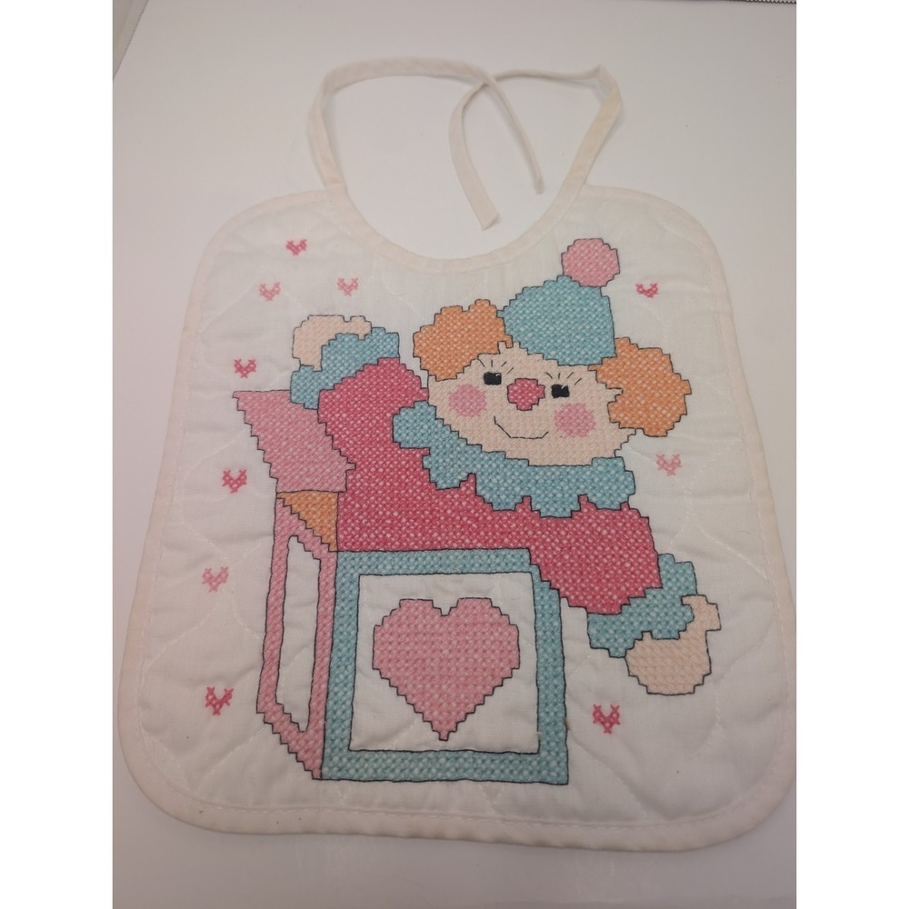 Vintage Handmade Cross Stitch Baby Bib Clown Heart Nursery Cottagecore Tie Back